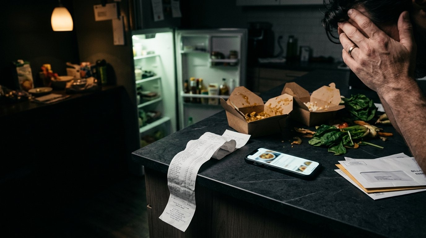 Exhausted cook staring at recipe app and grocery receipt in dim kitchen